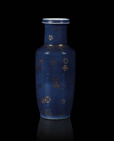 Vaso in Porcellana Blu e Oro, Cina Dinastia Qing, XVIII Secolo