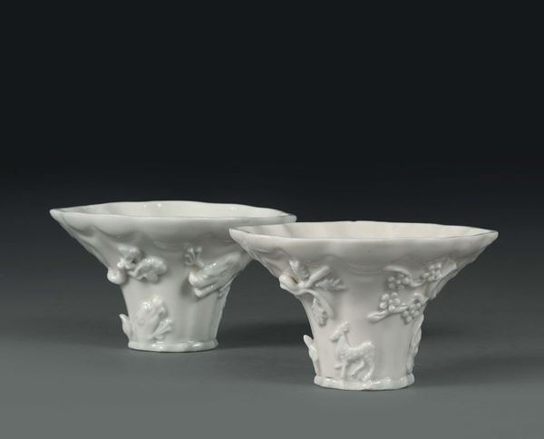 Due coppe da libagione in porcellana Blanc de Chine, Cina dinastia Qing, XVIII secolo
