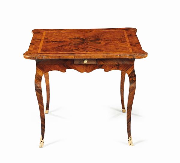 A Louis XV game table, veneered in rosewood and inlaid with a clover pattern, Genoa 18th century
