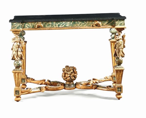 A pair of console tables, gilt and lacquered in false marble, Marche 18th century
