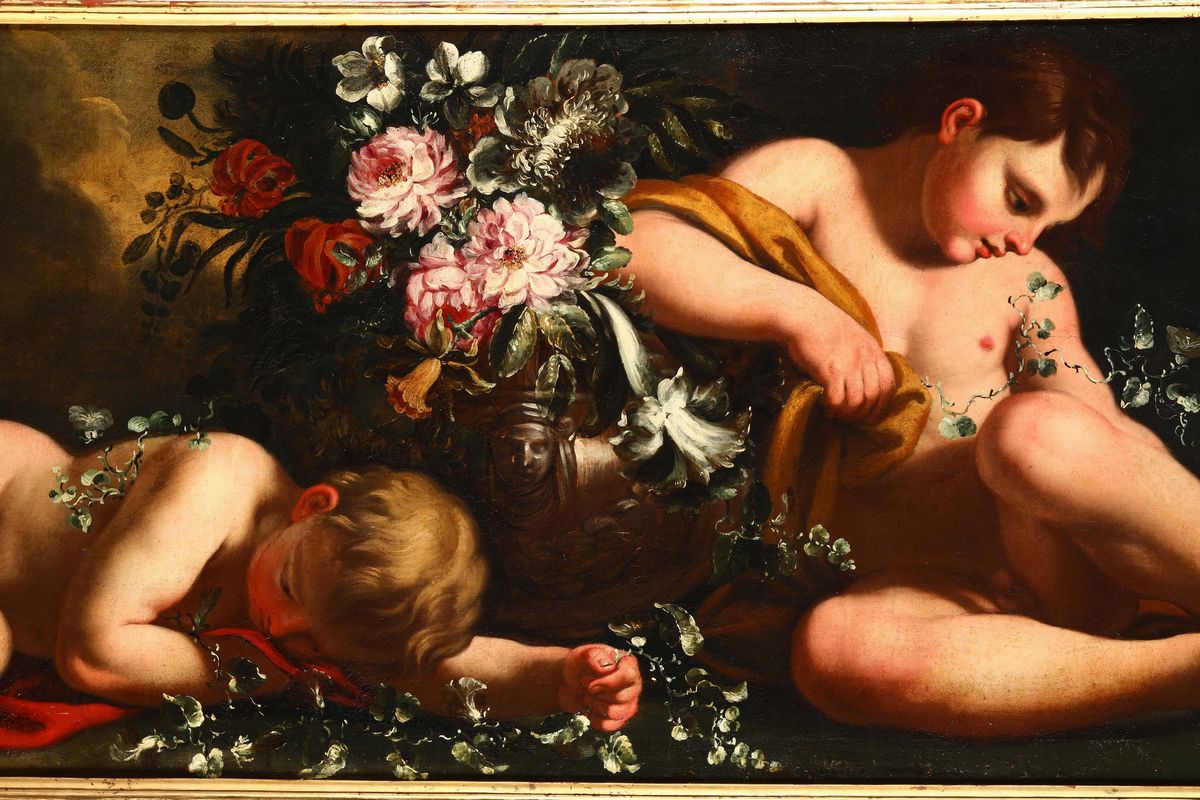 Scuola Romana del XVIII Secolovasi di Fiori con Putti