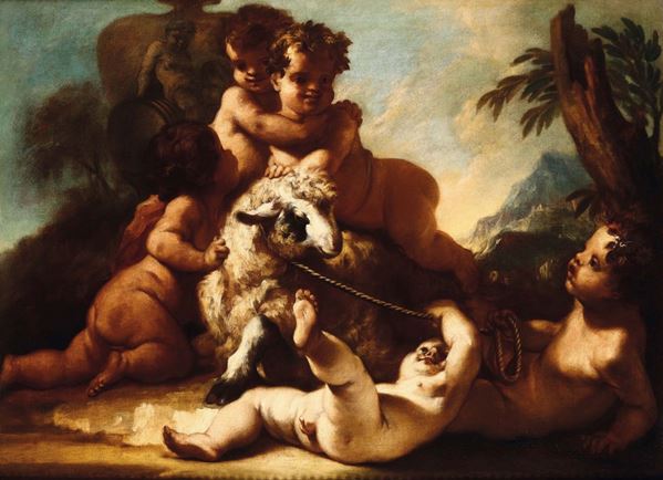 Putti playing with a goat. Roman school of the 18th century Gioco di putti con capretta