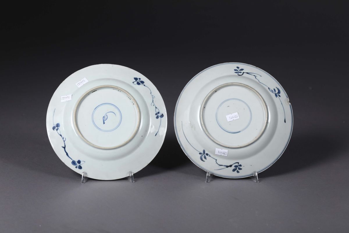 Due Piatti in Porcellana con Decoro Vegetale Bianco e Blu, Cina XVIII Secolo