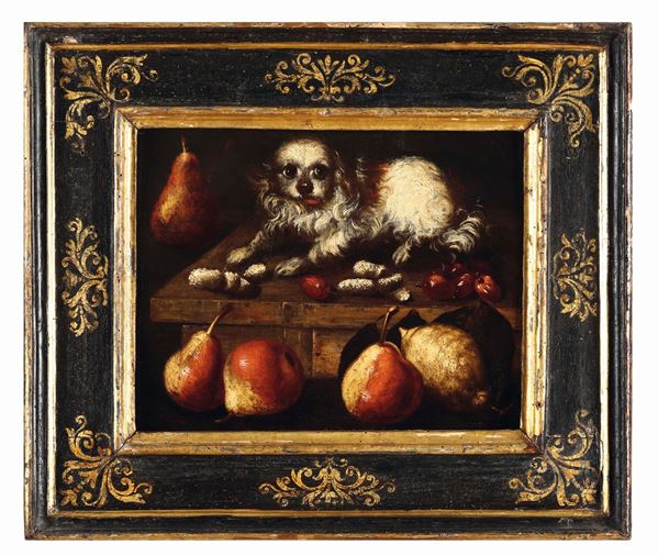 A still life with fruit and a dog. School of the 17th century Natura morta con frutta e cagnolino