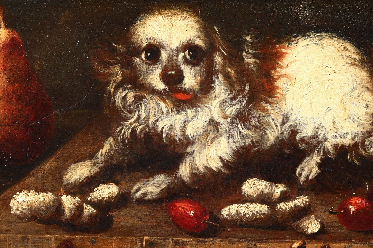 Scuola del XVII Secolonatura Morta con Frutta e Cagnolino