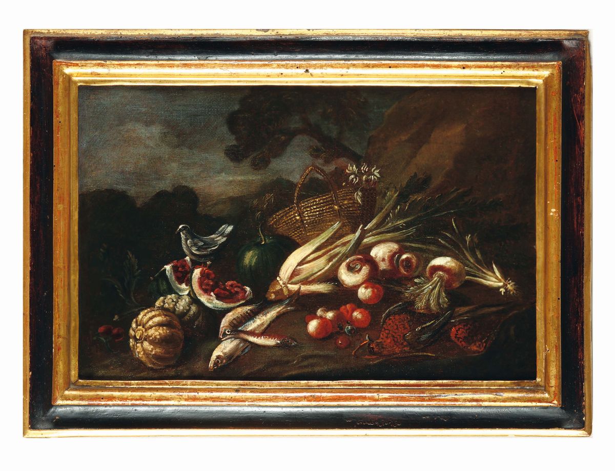 Scuola Italiana del XVIII Secolonatura Morta con Frutta, Verdura, Pappagallo e Pavone Natura Mort...