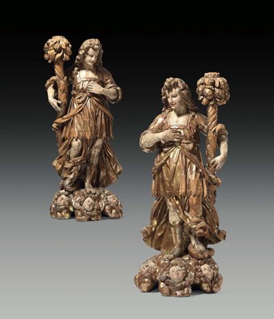 Coppia di Angeli Reggicero in Legno Policromo, Arte Barocca Dell’italia Centrale del XVII Secolo