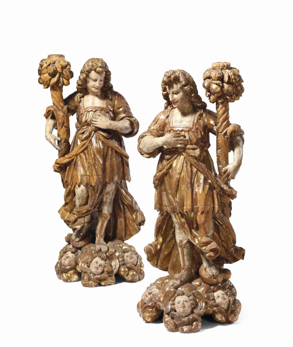 Coppia di Angeli Reggicero in Legno Policromo, Arte Barocca Dell’italia Centrale del XVII Secolo