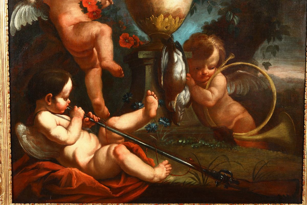 Scuola Romana del XVIII Secoloputti con Vaso di Fiori