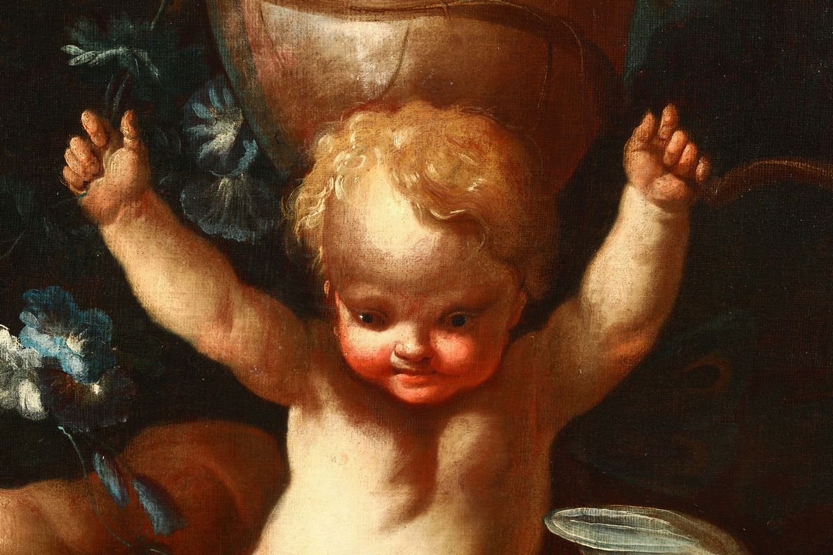 Scuola Romana del XVIII Secoloputti con Vaso di Fiori