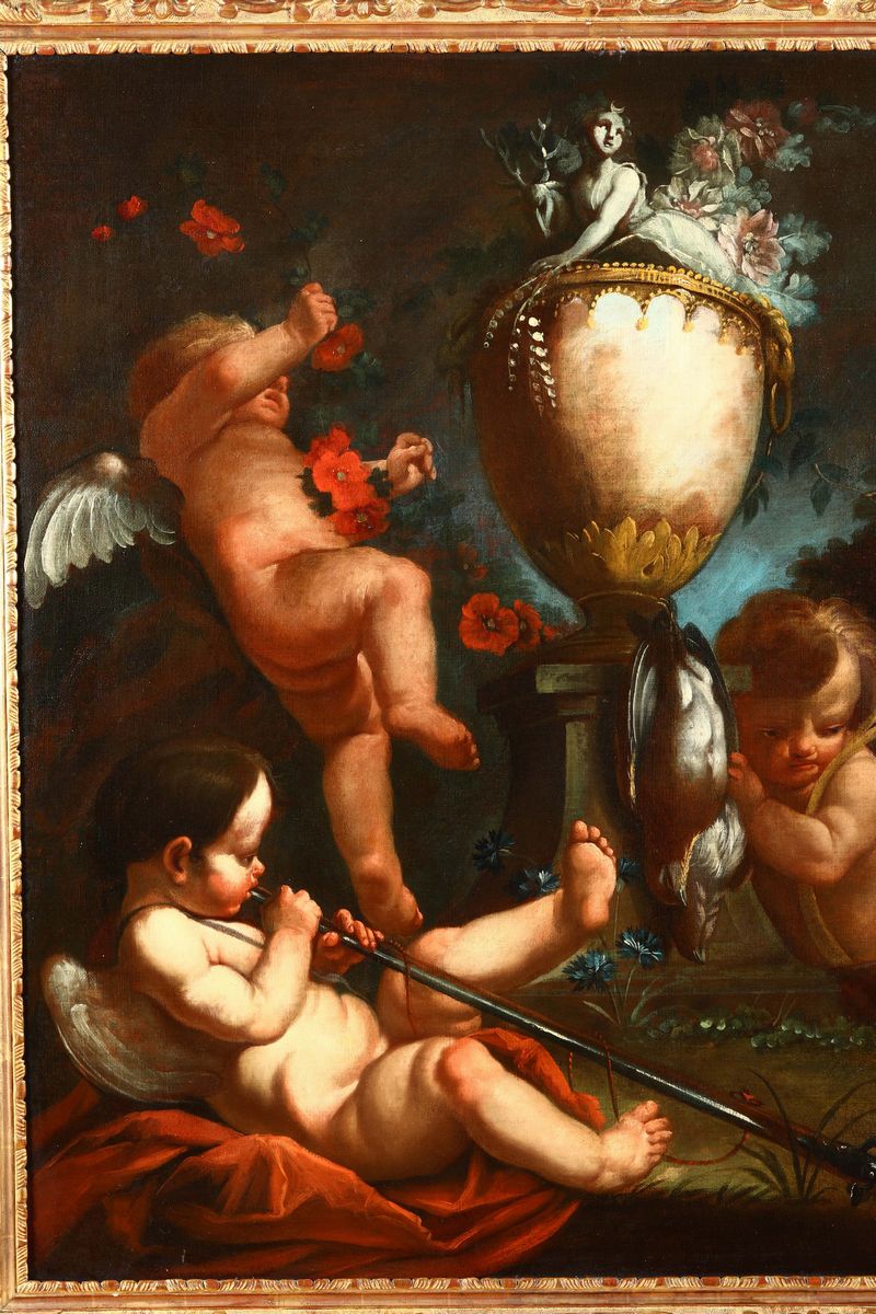 Scuola Romana del XVIII Secoloputti con Vaso di Fiori