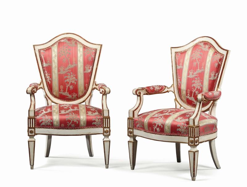 A pair of Louis XVI armchairs in lacquered wood, end of the 18th century  - Auction Taste, Furniture and Residences, An Italian Collection - Cambi Casa d'Aste