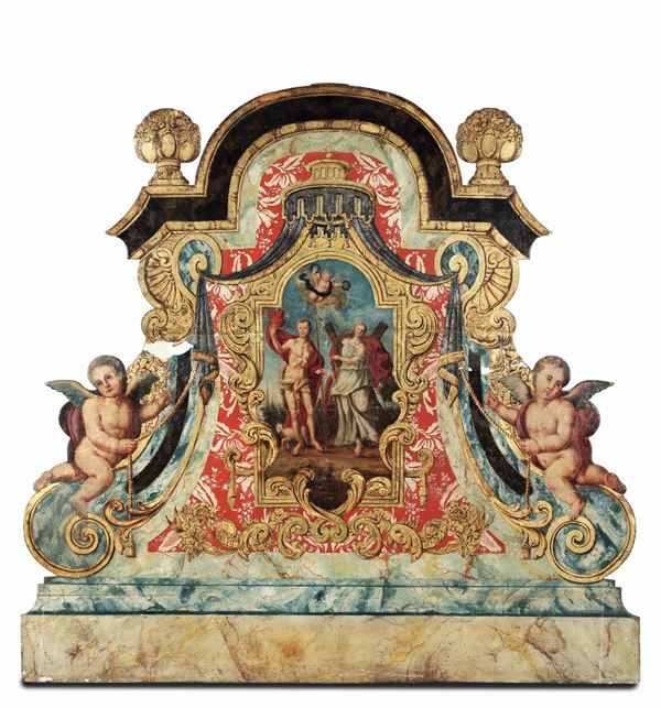 Testiera da letto in legno dipinto in policromia, Veneto XVIII secolo