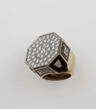 David Webb. Anello con Pavé di Diamanti per Ct 4,00 Circa e Smalto Nero