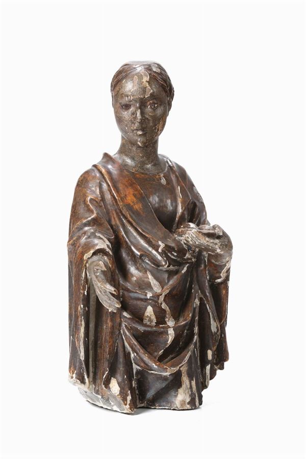 Figura a mezzo busto in legno scolpito ed argentato raffigurante Santa Lucia, scultore rinascimentale italiano del XVI secolo