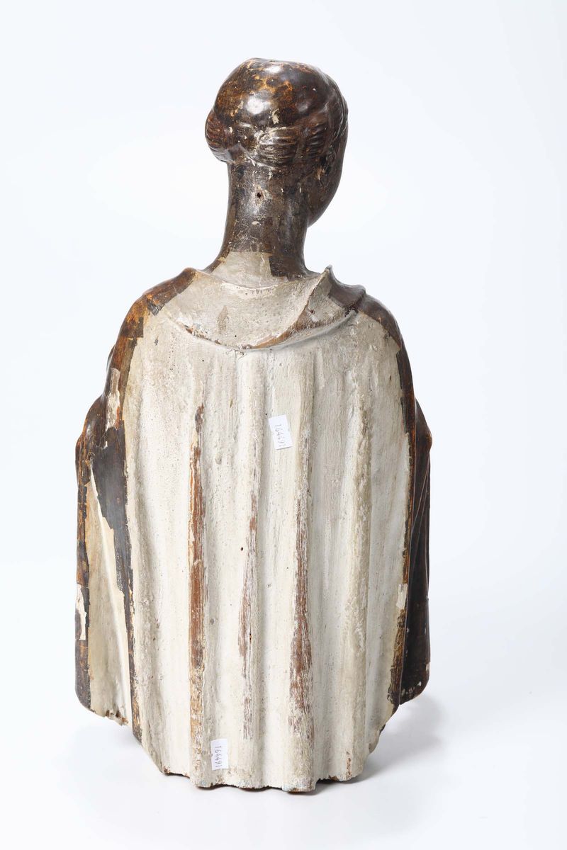 Figura a Mezzo Busto in Legno Scolpito ed Argentato Raffigurante Santa Lucia, Scultore Rinascimen...