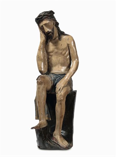 Scultura in Legno Policromo Rappresentante Cristo Deriso, Bottega Francese del XVI Secolo