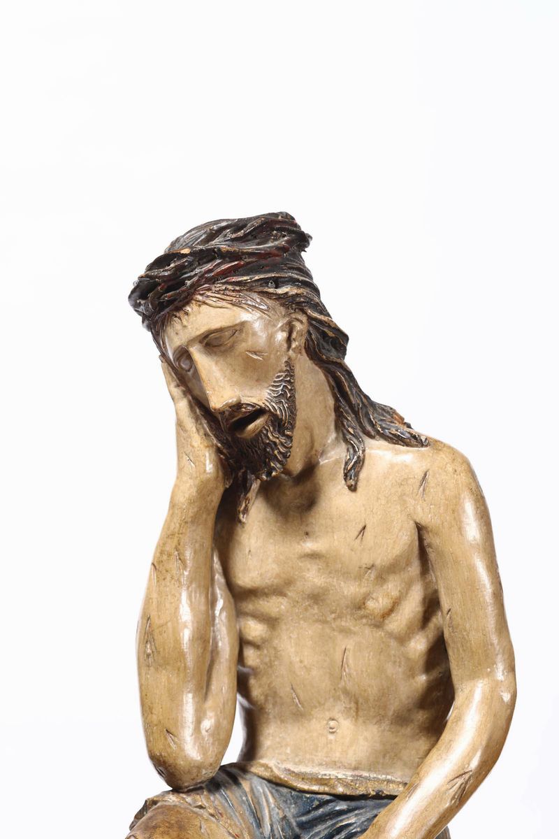 Scultura in Legno Policromo Rappresentante Cristo Deriso, Bottega Francese del XVI Secolo
