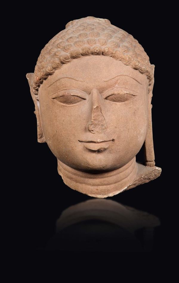 Testa di Buddha in pietra, Rajasthan, XIII secolo