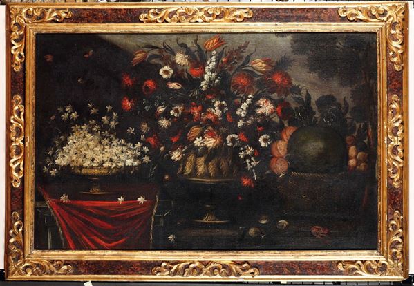 Scuola lombardo veneta del XVIII secolo Natura morta con fiori e frutta Natura morta con fiori