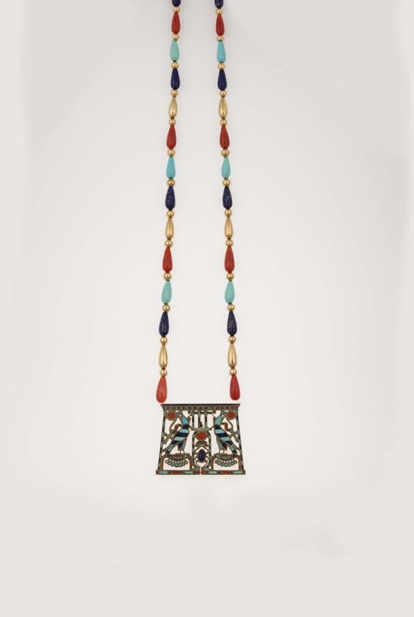 Enamel pendant with a coral, lapis lazuli, turquoise and gold necklace