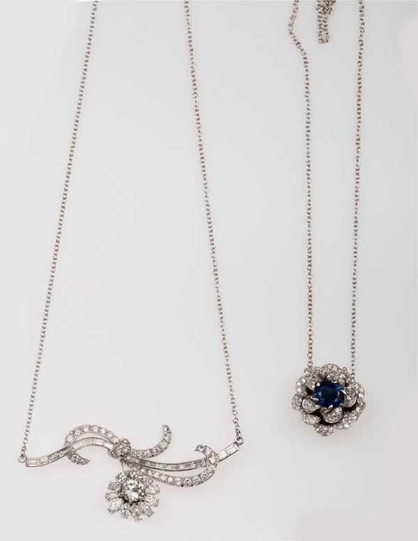 Two diamond and sapphire pendants