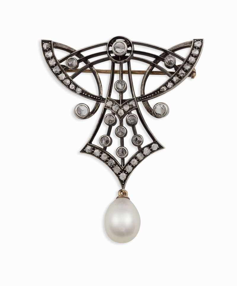 Spilla con diamanti di vecchio taglio e perla a goccia  - Auction Vintage, Jewels and Bijoux - Cambi Casa d'Aste