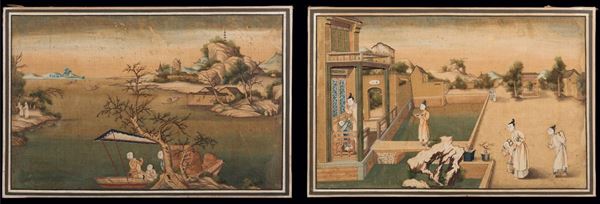 Coppia di dipinti su carta raffiguranti Guanyin e pescatori, Cina, Dinastia Qing, XVIII secolo