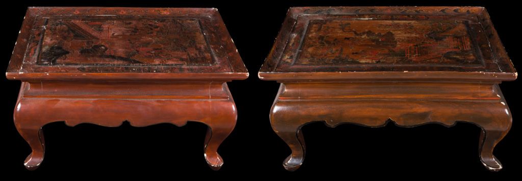 Coppia di Tavolini da The in Legno e Lacca con Immagini di Guanyin, Cina, Dinastia Qing, XIX Seco...