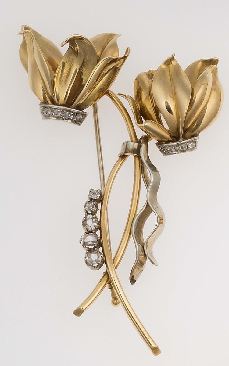Diamond and gold Cyclamen brooch  - Auction Fine Jewels - II - Cambi Casa d'Aste