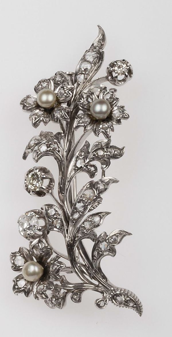 Old-cut diamond, cultured pearl and gold brooch
