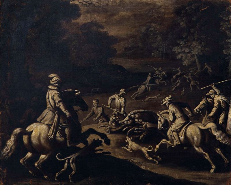 Antonio Tempesta (Firenze 1555 - Roma 1630) Caccia al cinghiale e al cervo  - Asta Dipinti Antichi - I - Cambi Casa d'Aste