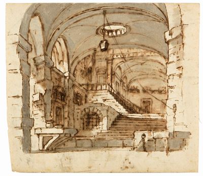 Scuola veneta del XVIII secolo, Interno di palazzo (penna e inchiostro bruno su carta)
