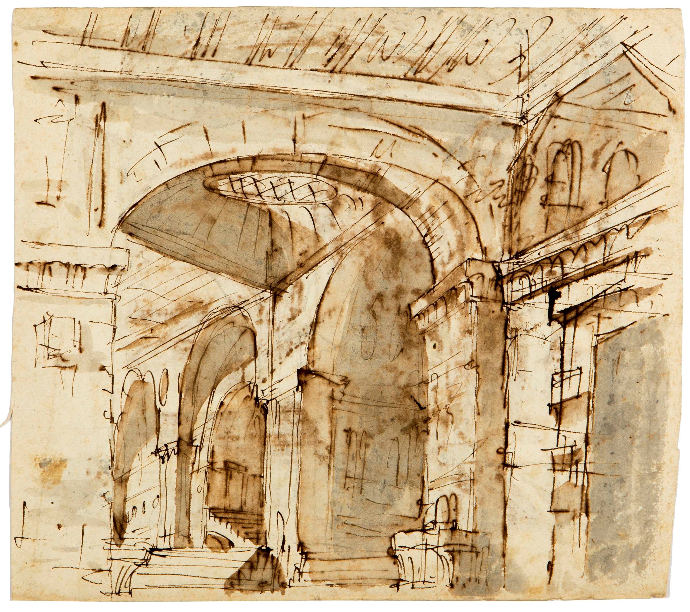 Scuola veneta del XVIII secolo, Interno di palazzo (penna e inchiostro bruno su carta)