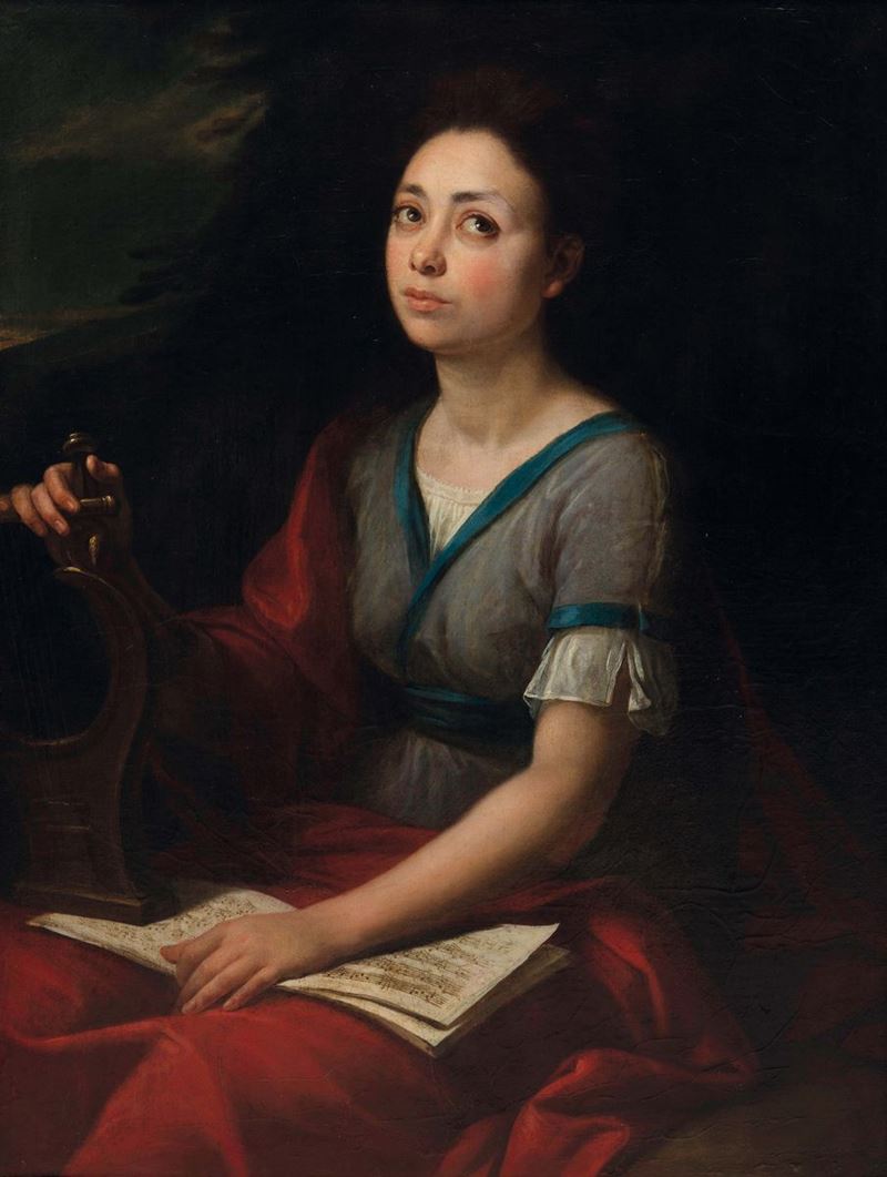 Artista operante a Roma del XVIII secolo Figura femminile con strumento musicale e spartito  - Auction Old Masters Paintings - I - Cambi Casa d'Aste