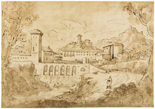Felice Giani (1758-1823) cerchia di Veduta di paesaggio fortificato