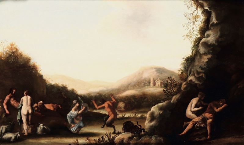 Scuola del XVII secolo Paesaggio con ninfe e satiri  - Auction Old Masters Paintings - I - Cambi Casa d'Aste