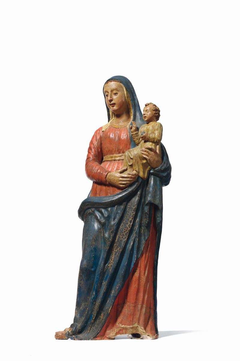 Madonna con Bambino in terracotta policroma, scultore rinascimentale, Italia centrale, inizi del XVI secolo  - Asta Scultura e Oggetti d'Arte - Cambi Casa d'Aste