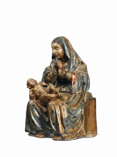 Madonna con Bambino, Terracotta Policroma, Scultore Rinascimentale Prossimo a Saturnino Gatti, It...