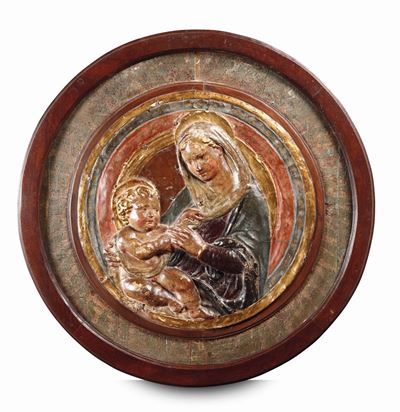 Madonna con il Bambino, Cartapesta Policroma e Dorata, Arte Rinascimentale Fiorentina Inizi XVI S...