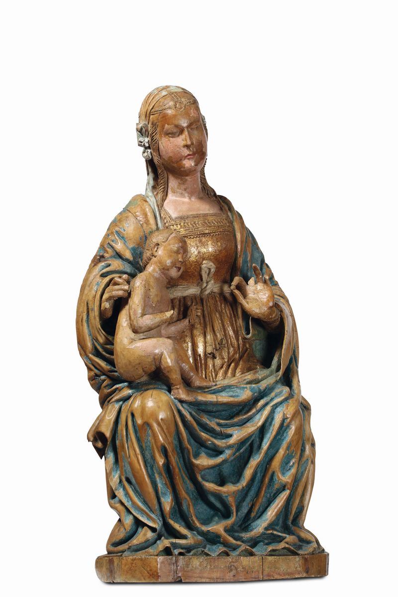 Madonna con il Bambino, legno policromo, arte rinascimentale, Italia centrale XV-XVI secolo  - Asta Scultura e Oggetti d'Arte - Cambi Casa d'Aste