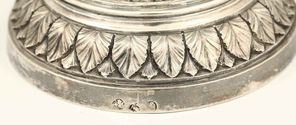 Coppia di Candelieri in Argento Sbalzato e Cesellato, Bologna, Fine XVIII Secolo, Bolli del Retto...