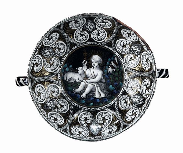 Coppa potoria in rame e smalti policromi. Atelier limosino, Francia probabile XVI secolo