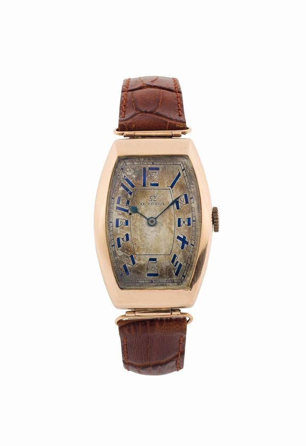 OMEGA,Petrograd, movement No. 4029179,  very big and rare, 14K pink gold tonneau curved wristwatch. Made circa 1910