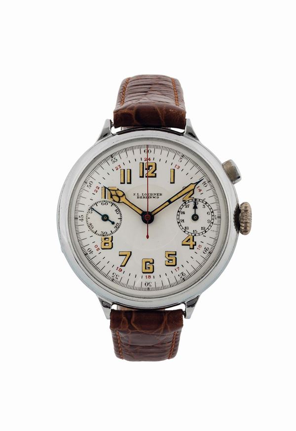 MINERVA, F.L. Loebner Berlin W.9, cassa No. 345387, movimento No. 1383418, orologio da polso, oversize, in acciaio con cronografo. Realizzato nel 1930 circa