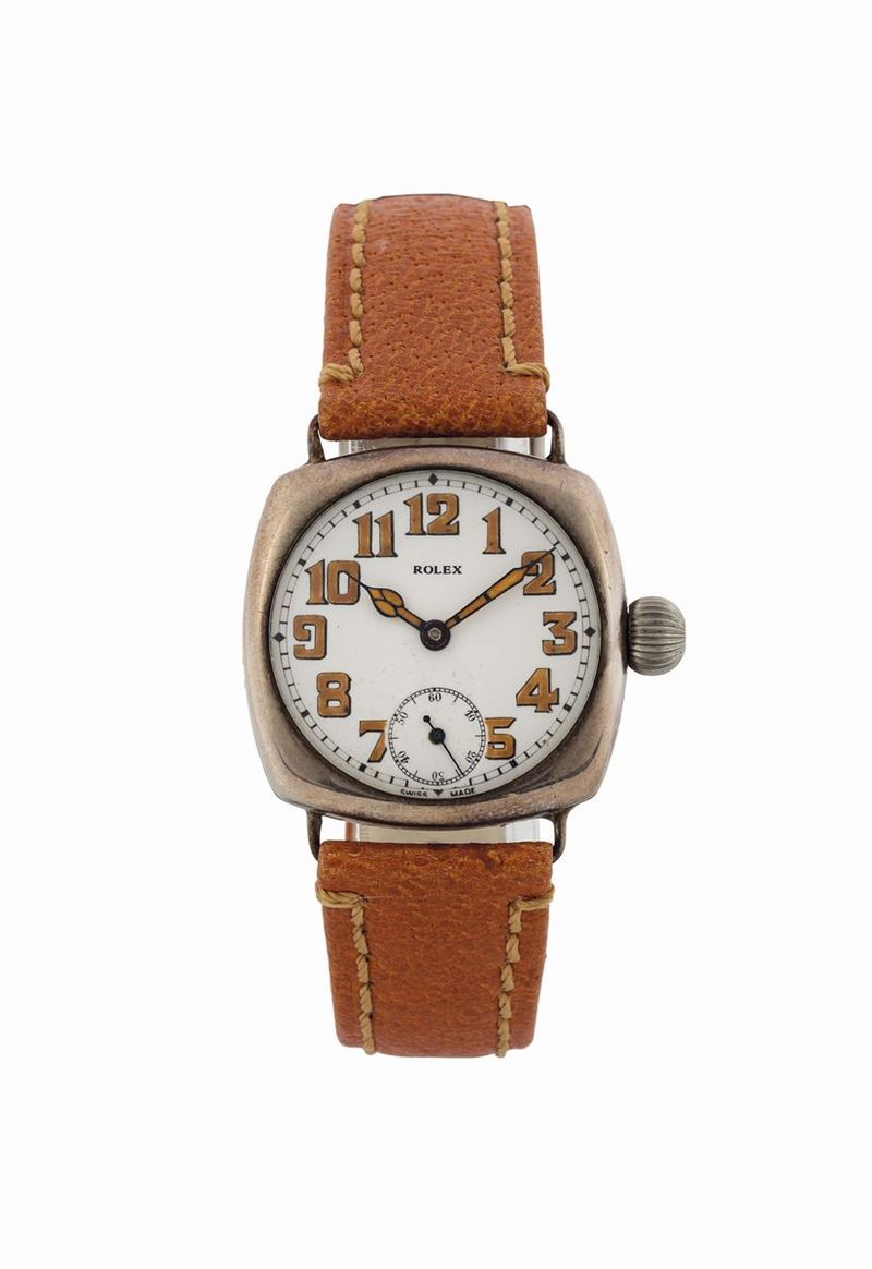 ROLEX, case No. 721199, cushion shaped, silver wristwatch with Rolex buckle. Made circa 1920  - Auction Watches and Pocket Watches - Cambi Casa d'Aste