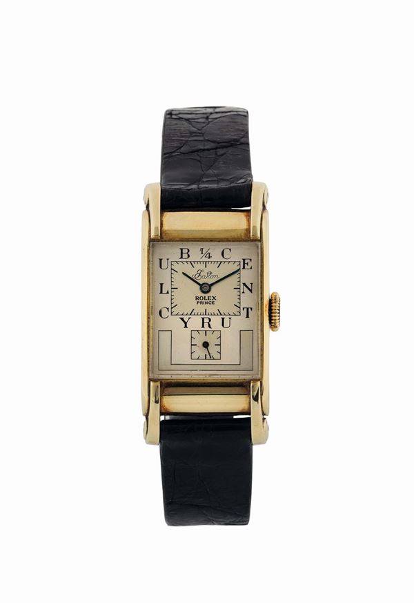 ROLEX, Prince, Eaton-Century Club, case No. 547806, Ref. 3937. Very fine and rare, rectangular curved, 14K yellow gold wristwatch with steel Rolex buckle. Made circa 1940 for presentation to an employee of the T. Eaton Co., for 25 years of continuous service.