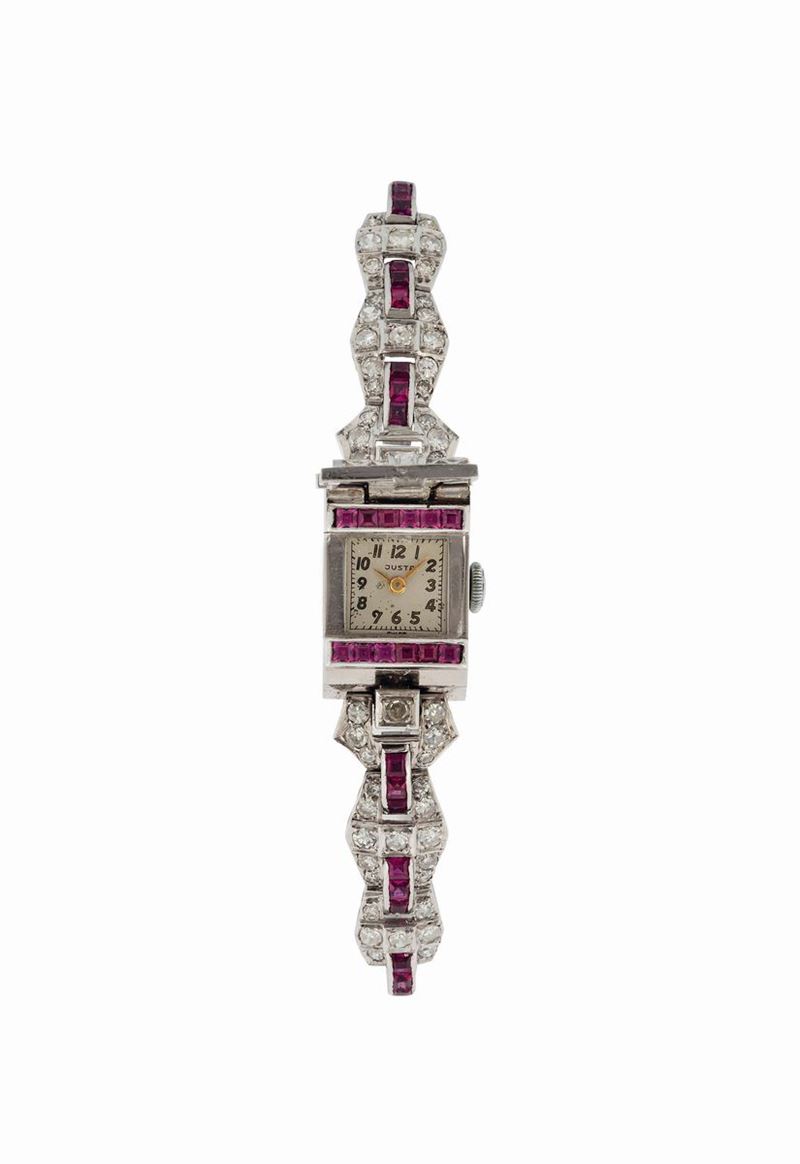 JUSTA, platinum and ruby lady's wristwatch with integrated 18K white gold bracelet. Made circa 1920  - Auction Watches and Pocket Watches - Cambi Casa d'Aste