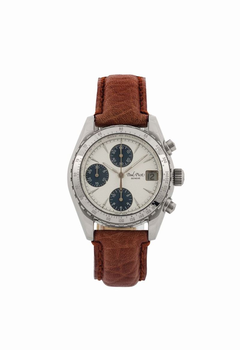 PAUL PICOT, Geneve, MINICHRON, stainless steel, water resistant, wristwatch with chronograph, tachometer, pulsometer scale, date and an original buckle. Made circa 1980  - Auction Watches and Pocket Watches - Cambi Casa d'Aste