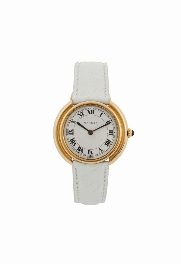 CARTIER, Paris, RONDE, YELLOW GOLD. Fine, self-winding, 18K yellow gold wristwatch with original buckle. Accompanied by the original  box. Made circa 1980